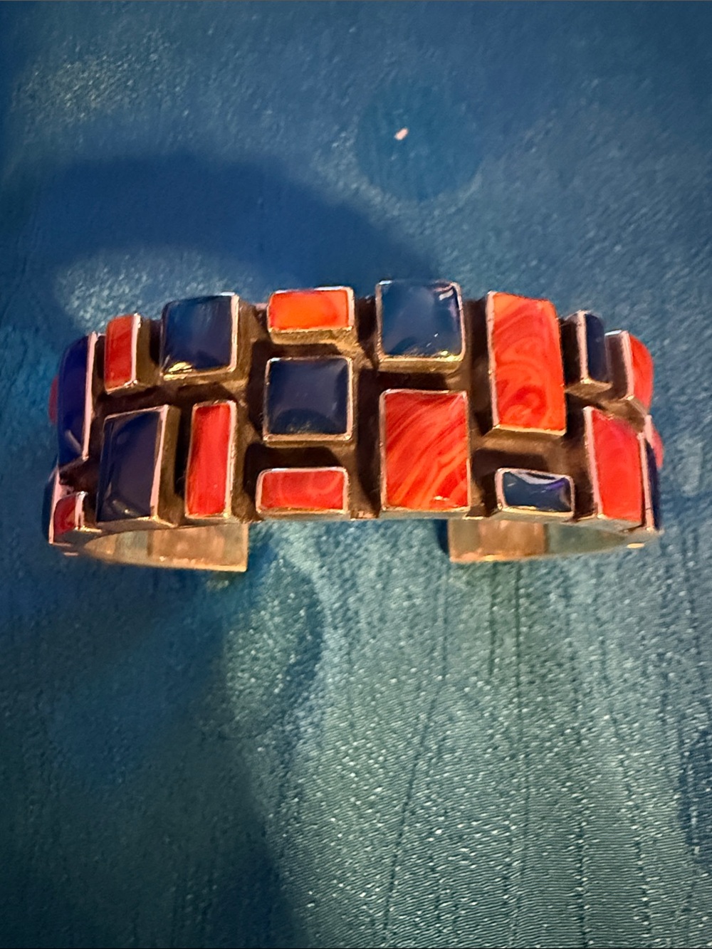 Heavy sterling silver lapis and spiny oyster mosaic cuff bracelet very heavy